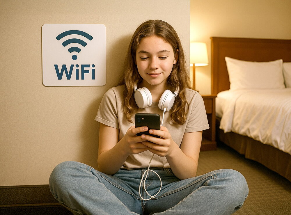 Dievča v hotelovej izbe, ktoré je pripojené na wifi