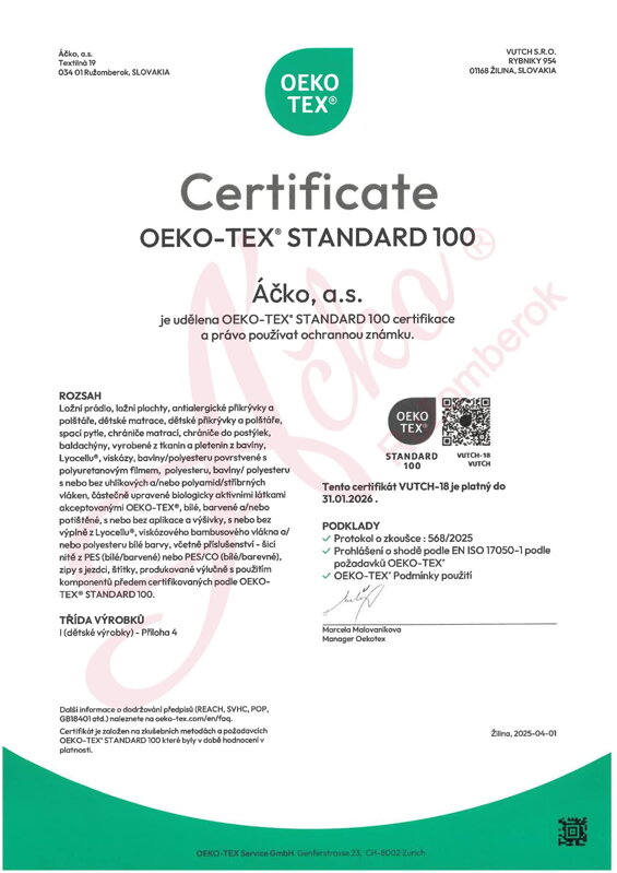 Certifikát OEKO-TEX STANDARD 100 na výrobky pro děti a kojence do 3 let Certifikát OEKO-TEX STANDARD 100 na výrobky pro děti a kojence do 3 let