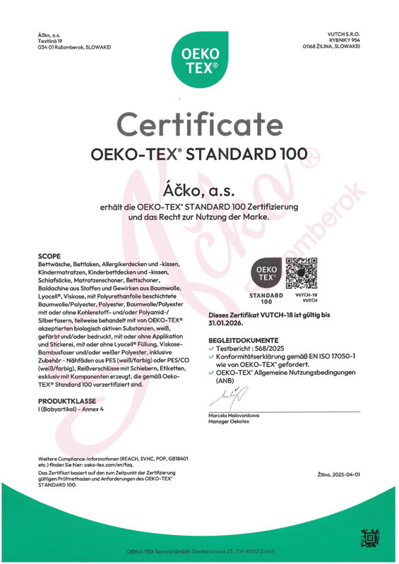 OEKO-TEX STANDARD 100 Zertifikat für Produkte für Kinder und Kleinkinder bis 3 Jahre OEKO-TEX STANDARD 100 Zertifikat für Produkte für Kinder und Kleinkinder bis 3 Jahre