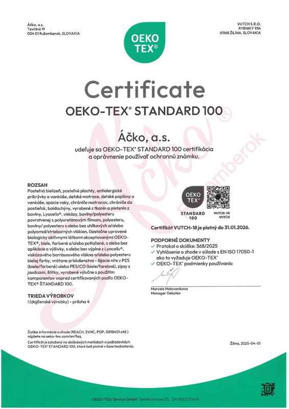 Certifikát OEKO-TEX STANDARD 100 na výrobky pre deti a dojčatá do 3 rokov Certifikát OEKO-TEX STANDARD 100 na výrobky pre deti a dojčatá do 3 rokov